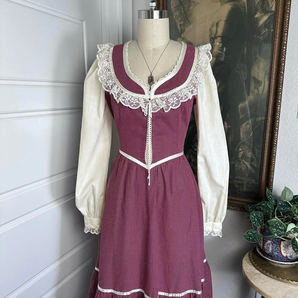 Vintage 70s Gunne Sax prairie long sleeve casual dress red gingham corset Size 7 - Picture 3 of 8